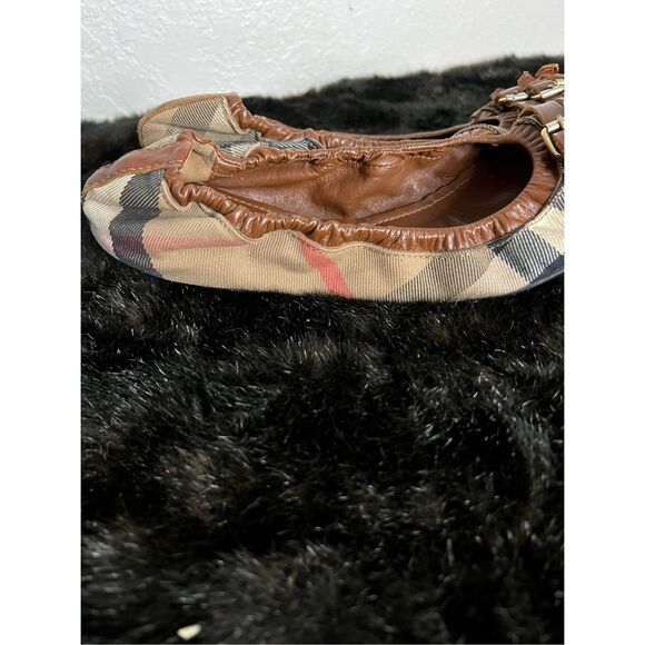 Burberry Brown Leather Canvas Nova Check Three Buckle Ballet Flats Shoes 9.5 - Picture 5 of 12